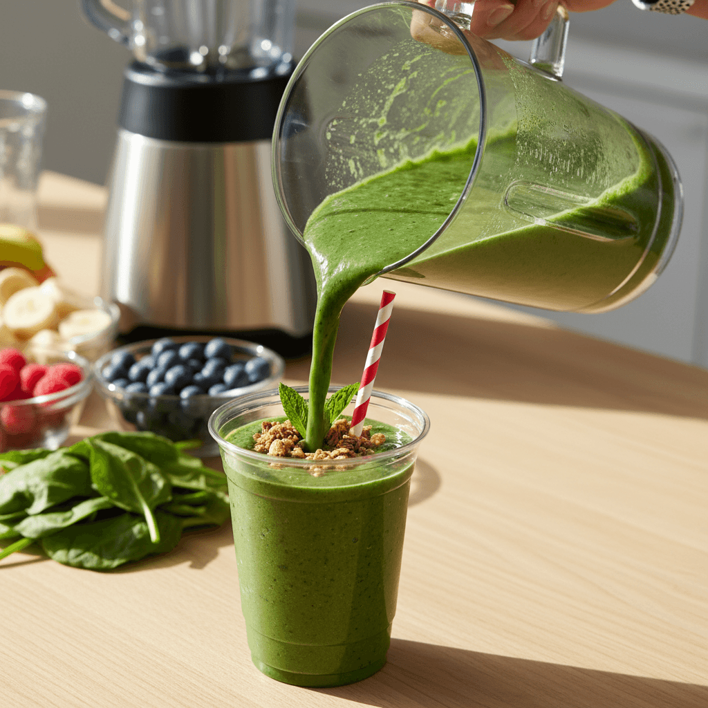 Person holding a green protein smoothie in a sunlit Miami setting